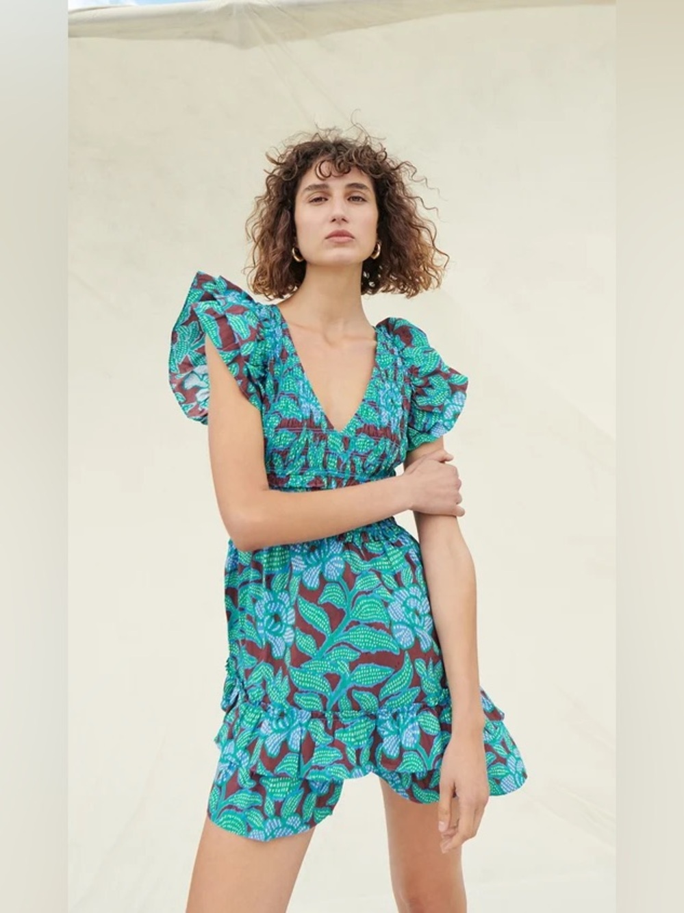 Saylor Delta Garden Party Poplin Dress Ruffle Smocked Cotton Mini Dress